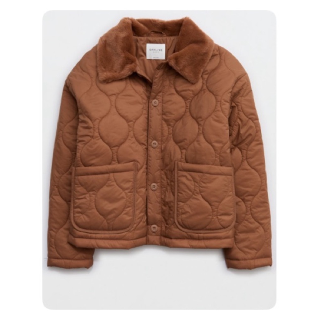 Aerie Women's Brown Quilted Puffer Jacket with Faux Fur Collar